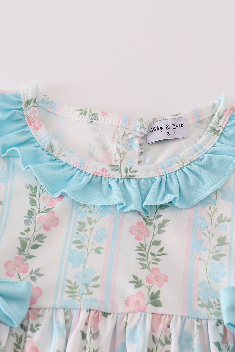 Blue floral print ruffle girl set