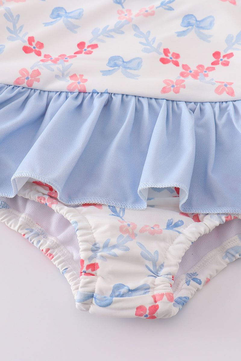 Blue bow lattice print swimsuit