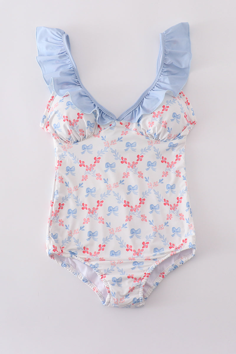 Blue bow lattice print mom swimsuit