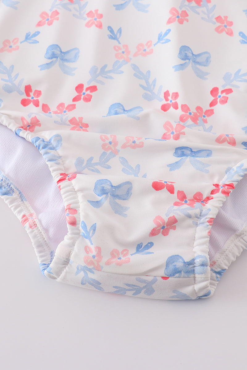 Blue bow lattice print mom swimsuit