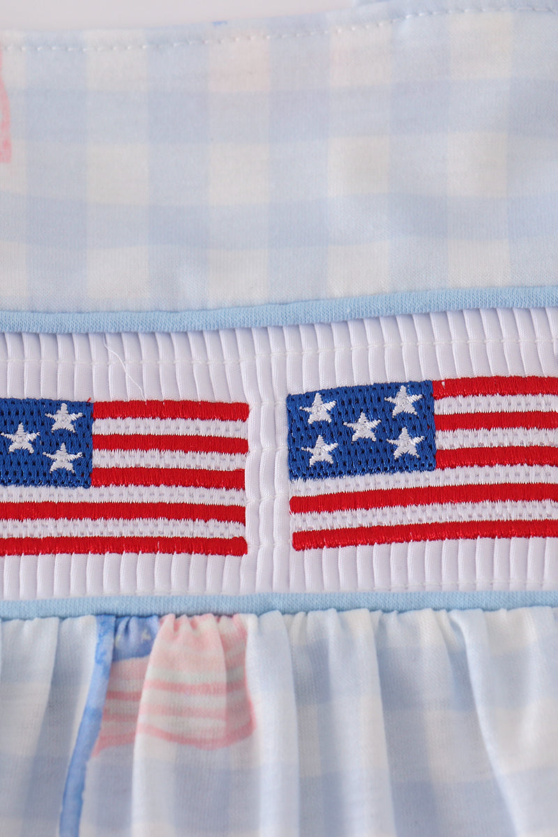 Blue flag embroidery smocked gingham bloomer set