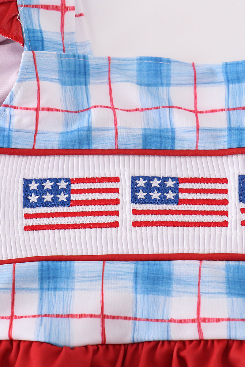 Flag embroidery smocked plaid one-piece swimsuit UPF50+