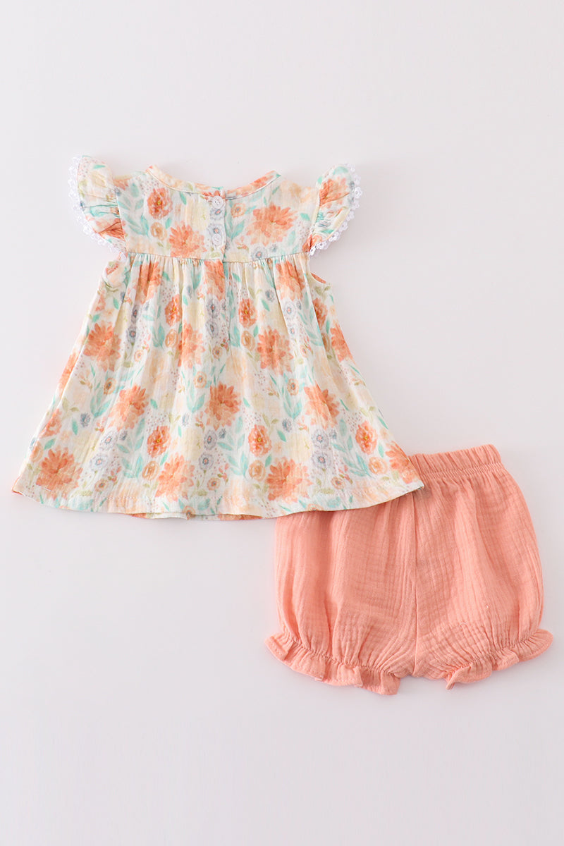 Premium Floral leaves muslin ruffle baby set