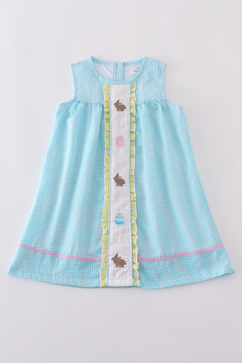 Premium mint bunny egg embroidery gingham dress Tiny Faith Threads Premium mint bunny egg embroidery gingham dress Tiny Faith Threads
