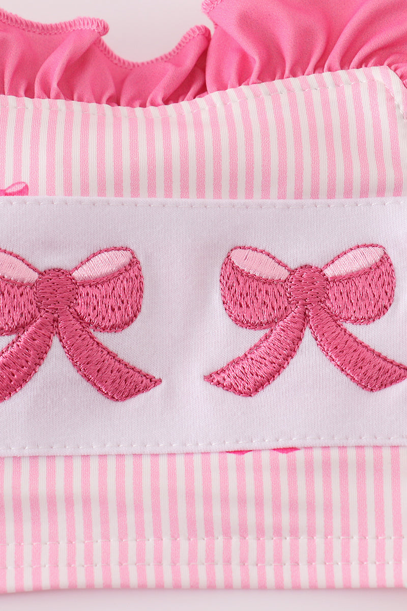 Pink stripe bow embroidery 2pc swimsuit
