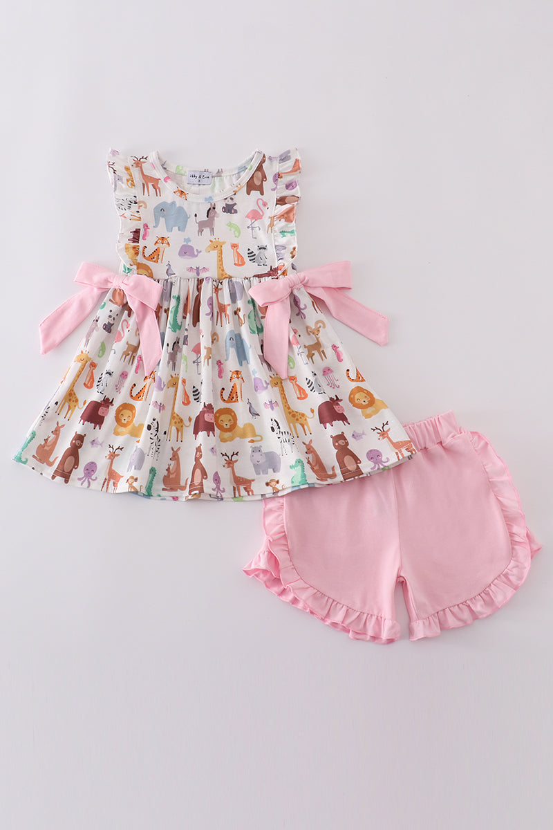 Pink zoo animals print bow ruffle set
