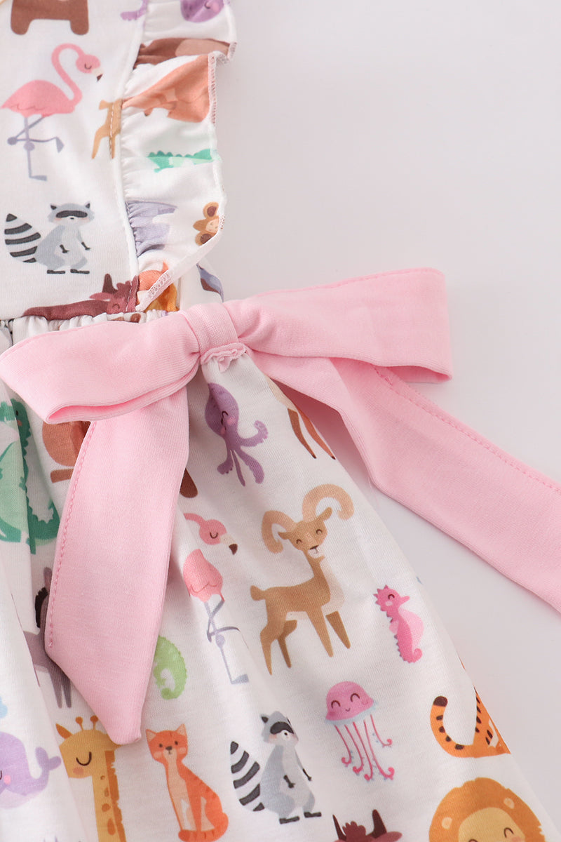 Pink zoo animals print bow ruffle set