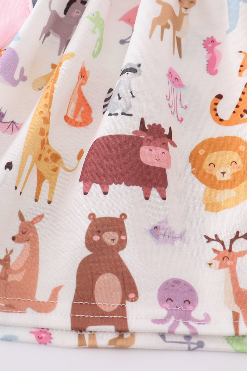 Pink zoo animals print bow ruffle set