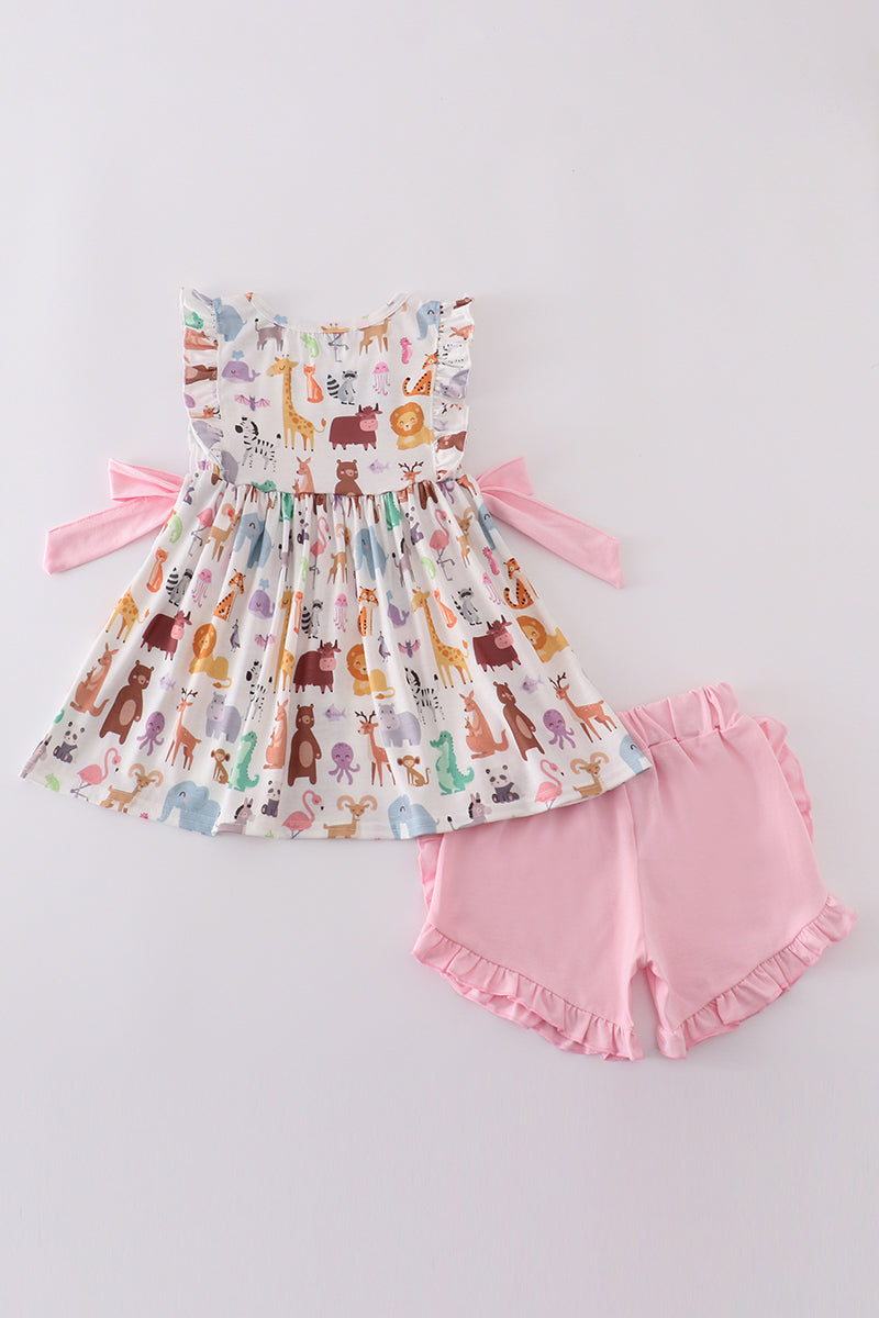 Pink zoo animals print bow ruffle set