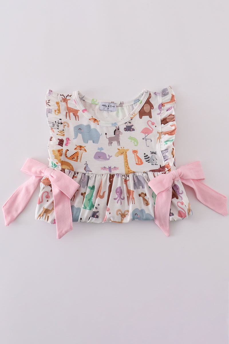 Pink zoo animals print bow ruffle set