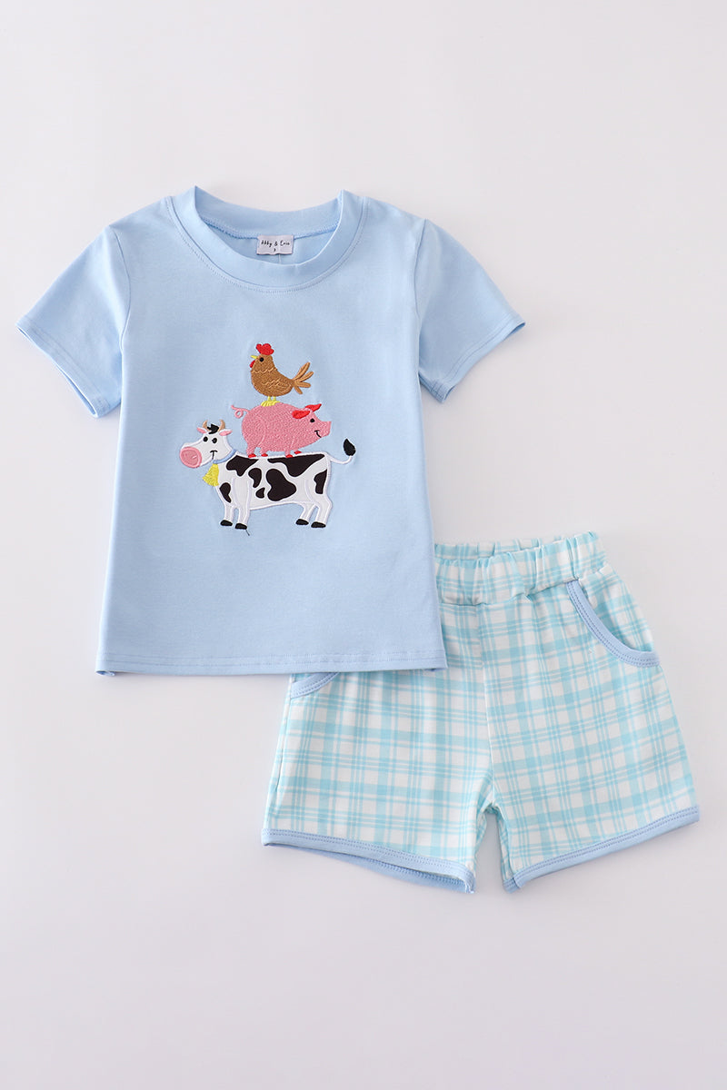 Blue farm applique shorts set