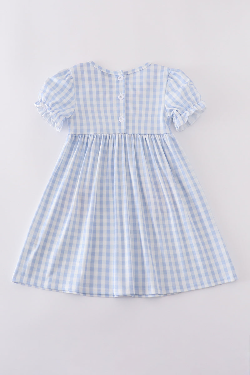 Blue character embroidery gingham ruffle dress