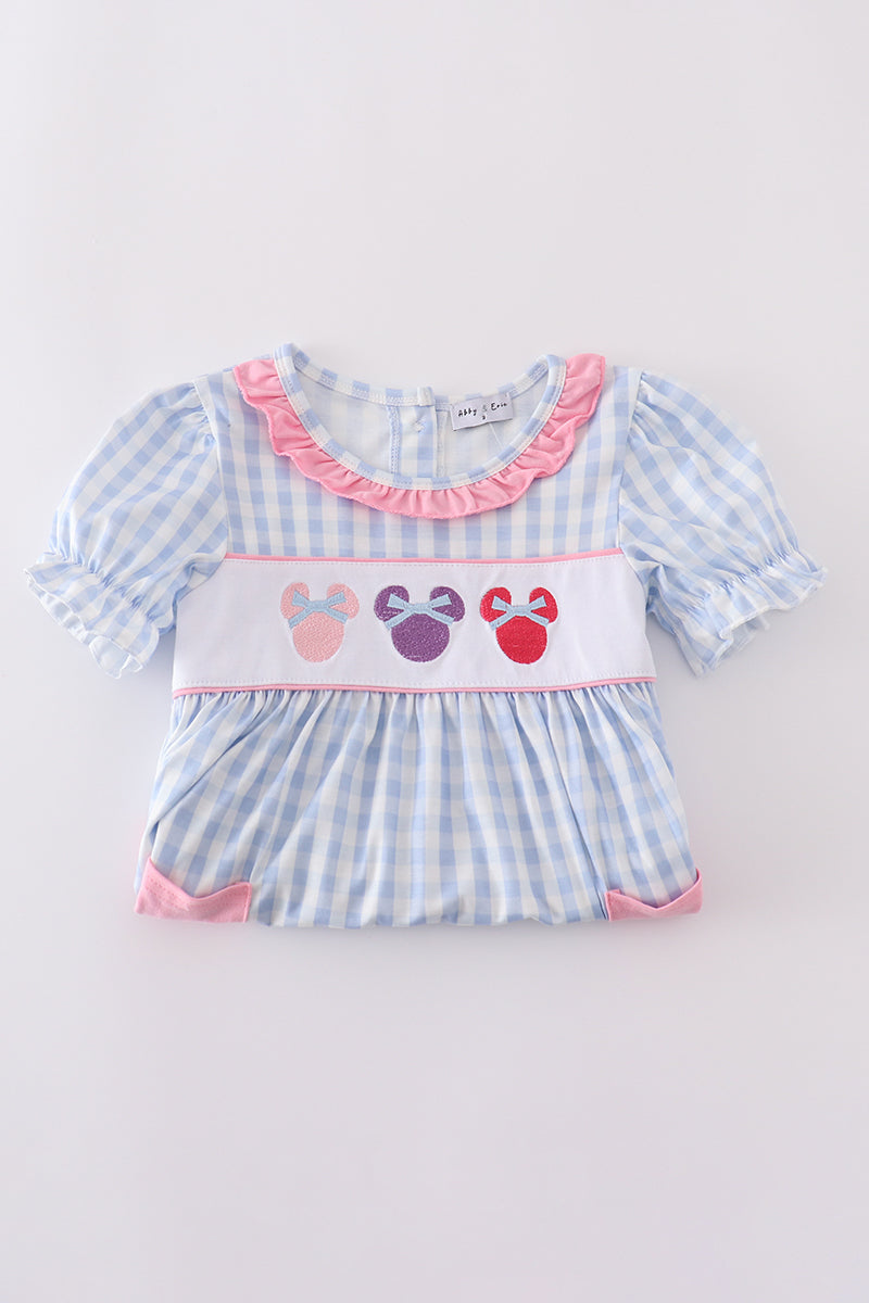 Blue character embroidery gingham ruffle dress