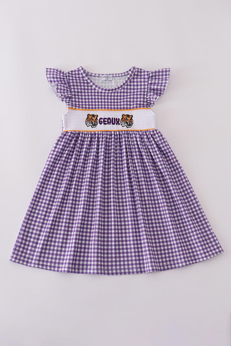 Purple gold LSU geaux embroidery smocked dress