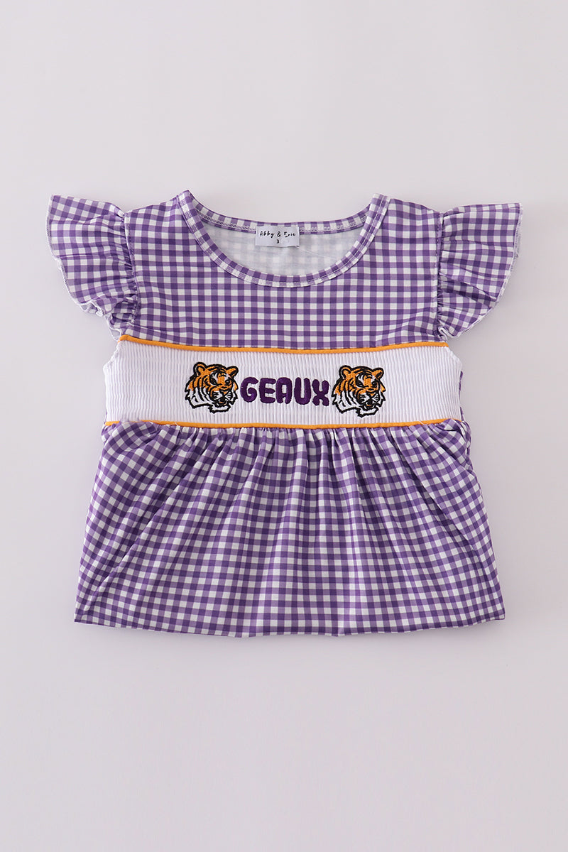 Purple gold LSU geaux embroidery smocked dress