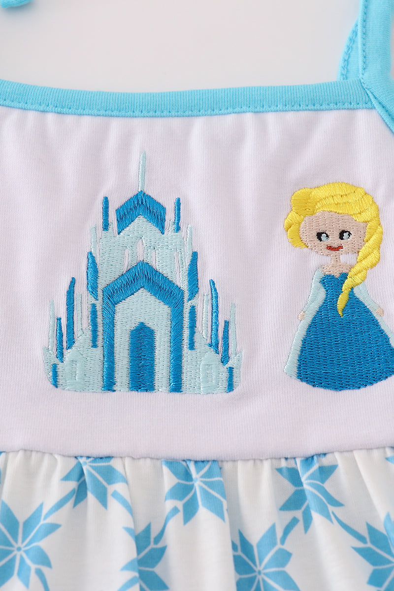 Blue character embroidery ruffle tiered dress