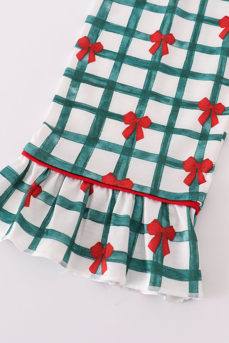 Green bow plaid ruffle pajamas set