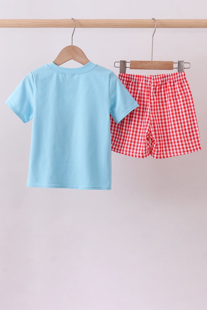Blue strawberry applique gingham shorts set