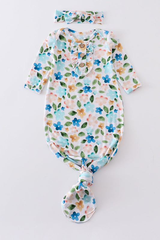 Blue floral print bamboo baby gown