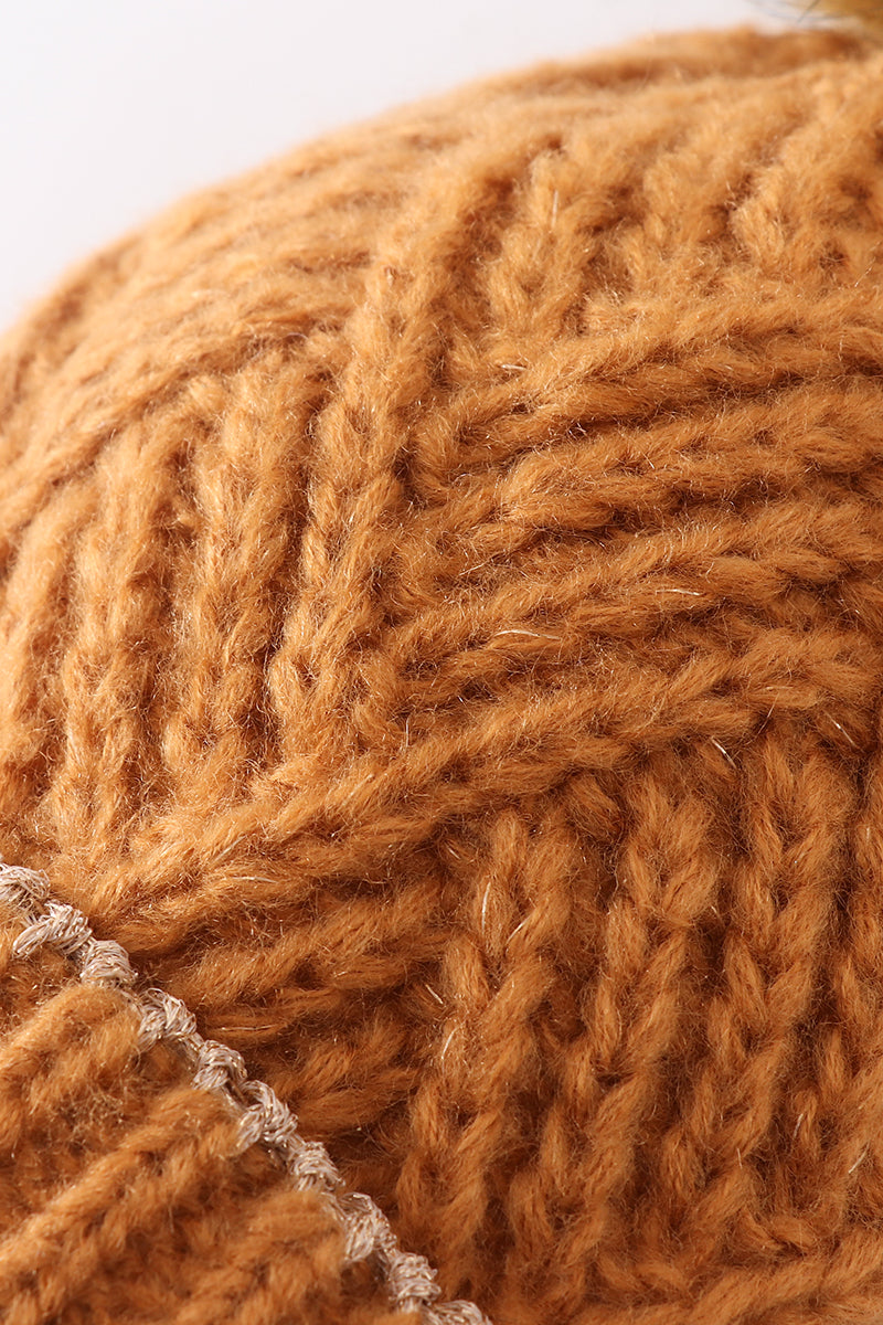 Camel cross cable knit pom pom beanie hat baby toddler adult