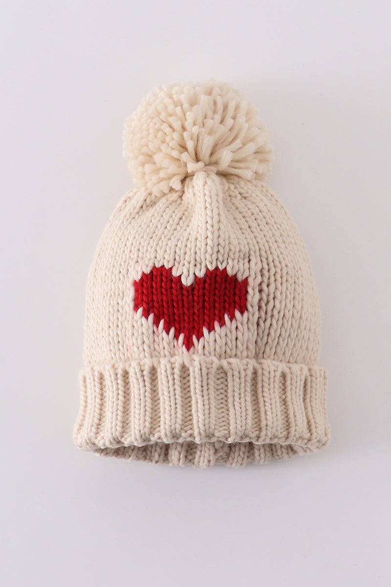 Cream heart knit beanie pom pom hat