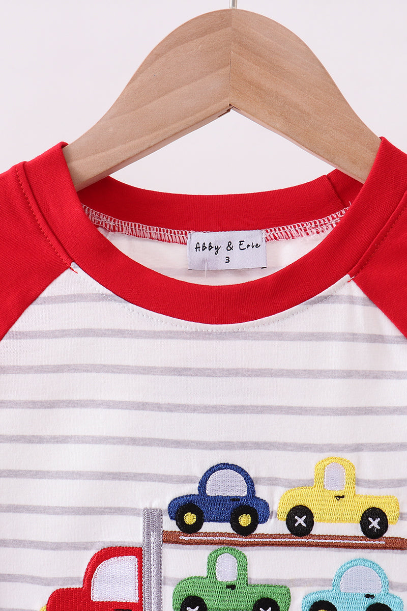 Red car embroidery stripe top