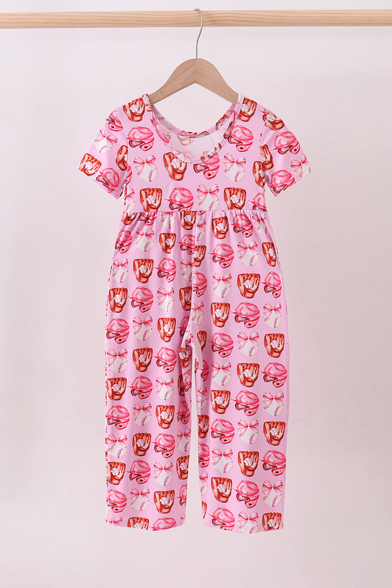 Pink bow baseball bamboo jumpsuit
