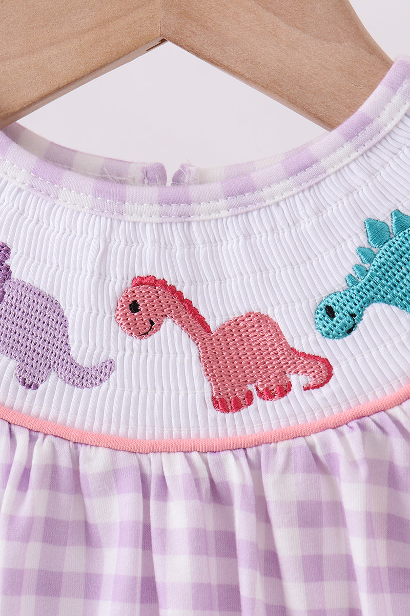 Purple dinosaur smocked gingham bubble