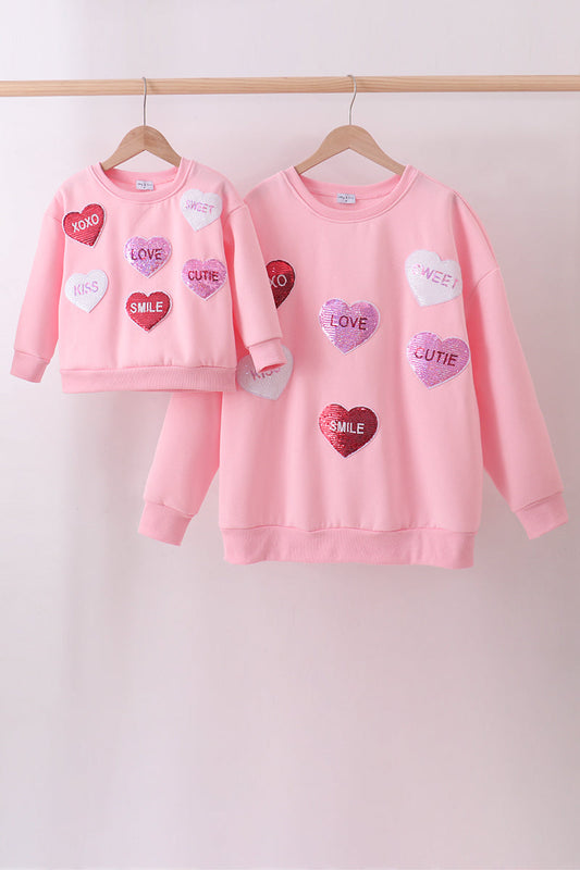Pink heart love smile sequin fleece mom&me sweatshrit