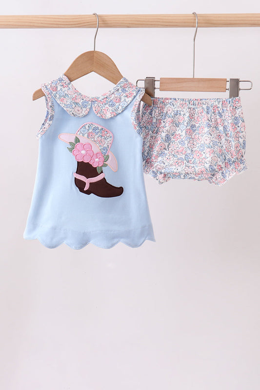 Blue floral boot applique bloomer set