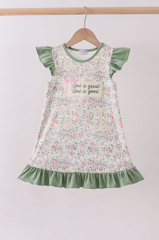 Green floral print bow ruffle dress