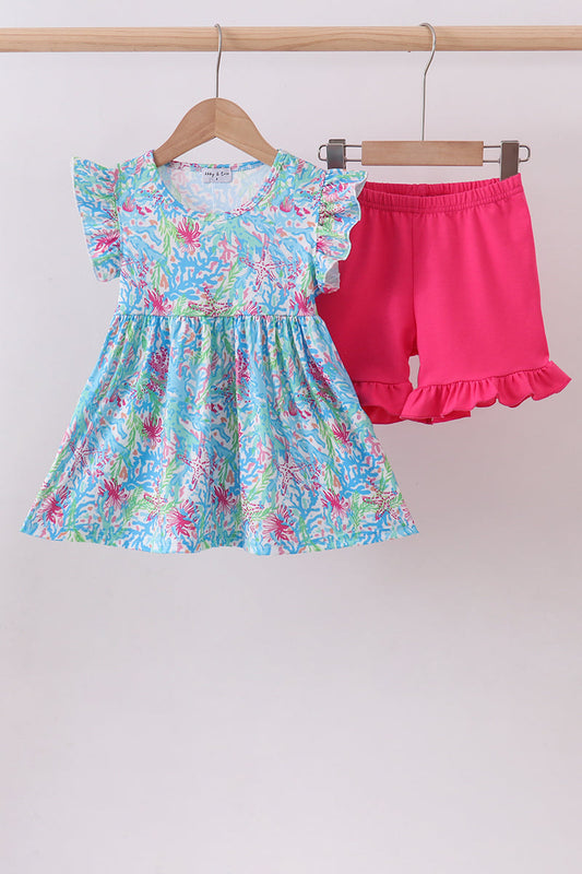 Mint island bloom 2pc ruffle shorts set