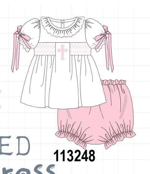 White cross smocked ruffle bloomer set
