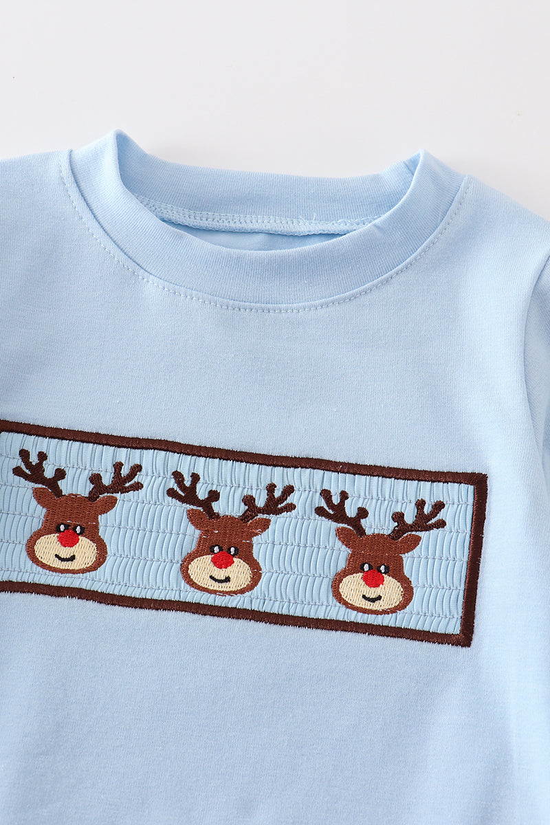 Blue deer smocked boy bubble