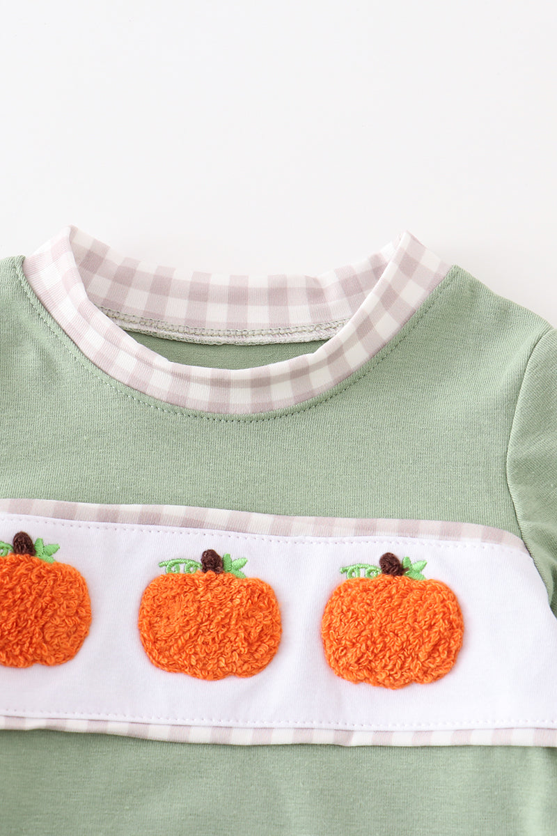 Green plaid french knot pumpkin boy bubble