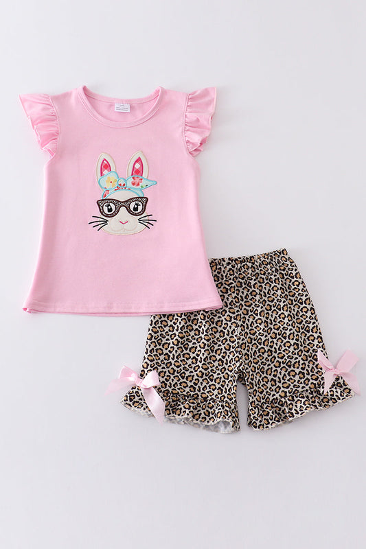 Pink bunny applique ruffle girl set