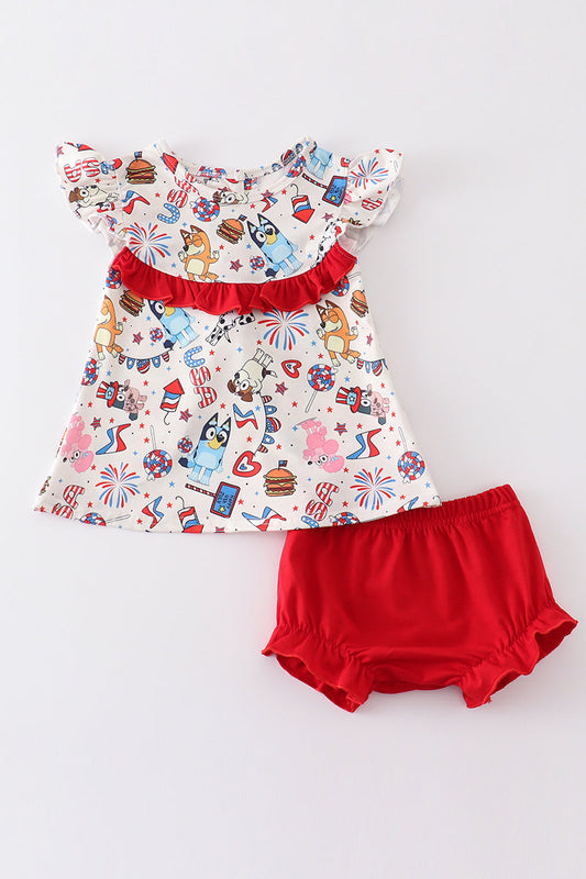 Patriotic day character print ruffle baby girl set