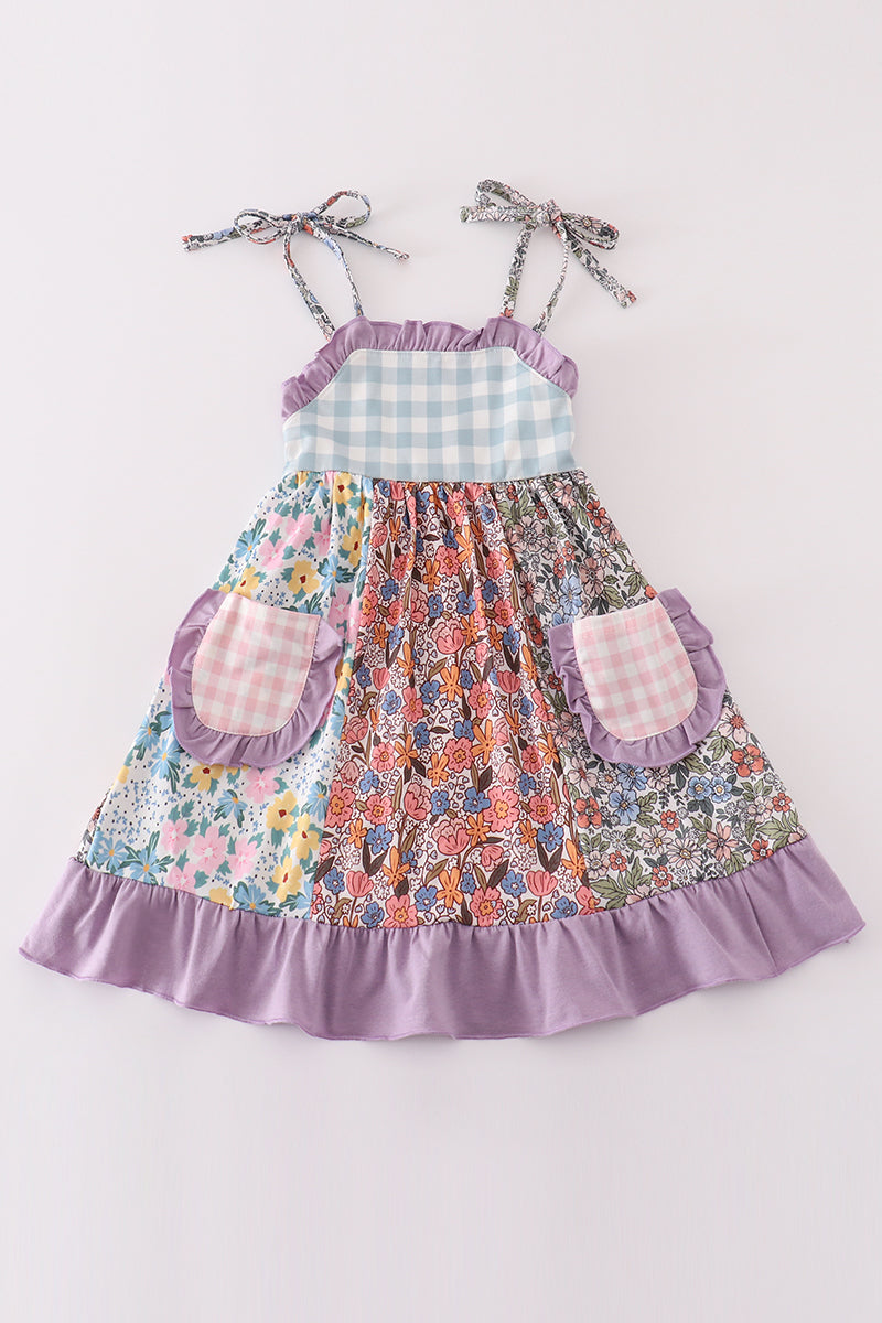 Purple floral print ruffle girl dress