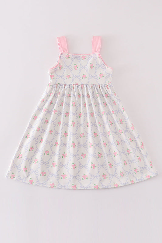 Pink bow floral print girl dress