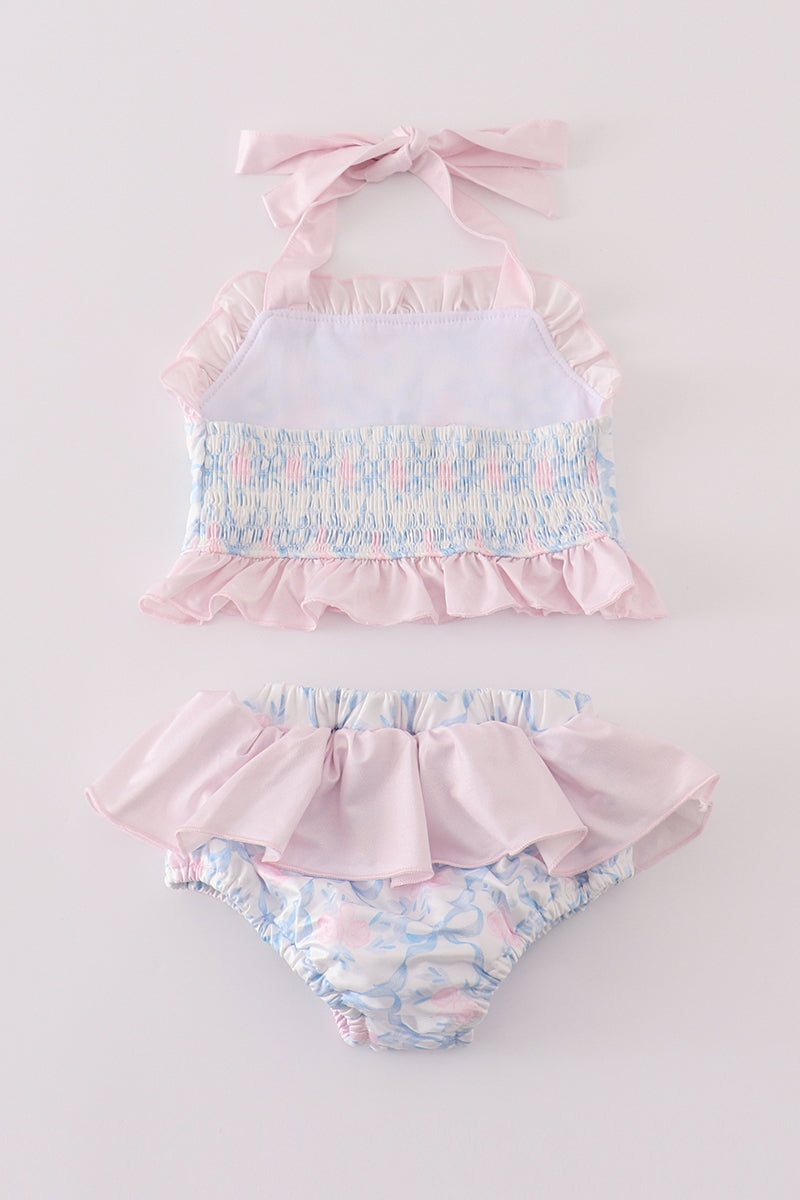 Blue bow tie print smocked 2pc girl swimsuit