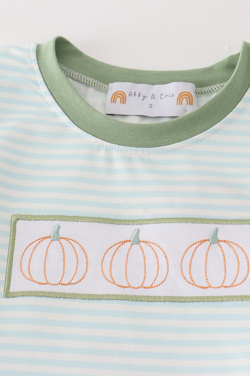 Green pumpkin embroidery stripe boy set