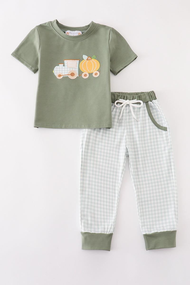 Green train pumpkin applique boy set