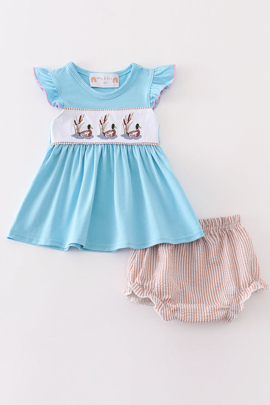 Blue duck embroidery baby girl set