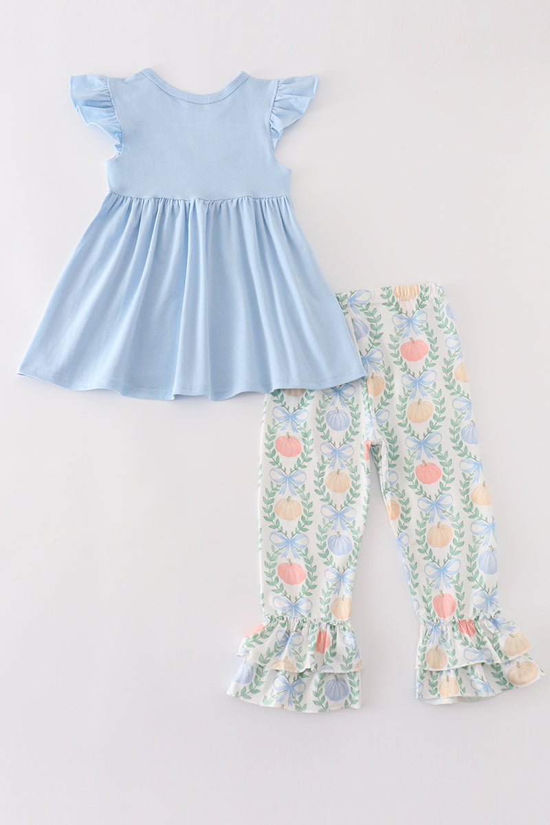 Blue pumpkin embroidery girl ruffle pants set