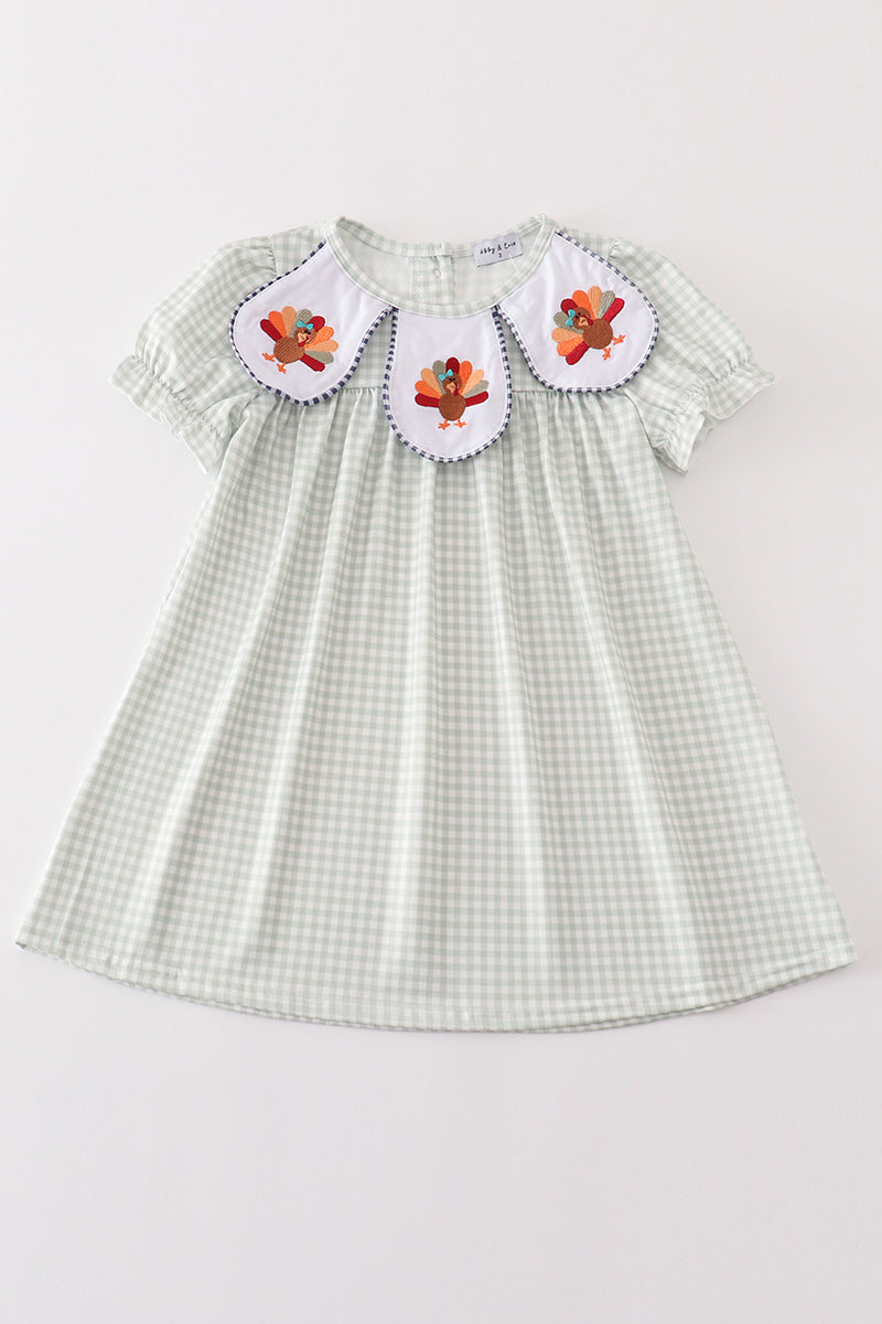 Sage turkey embroidery gingham dress