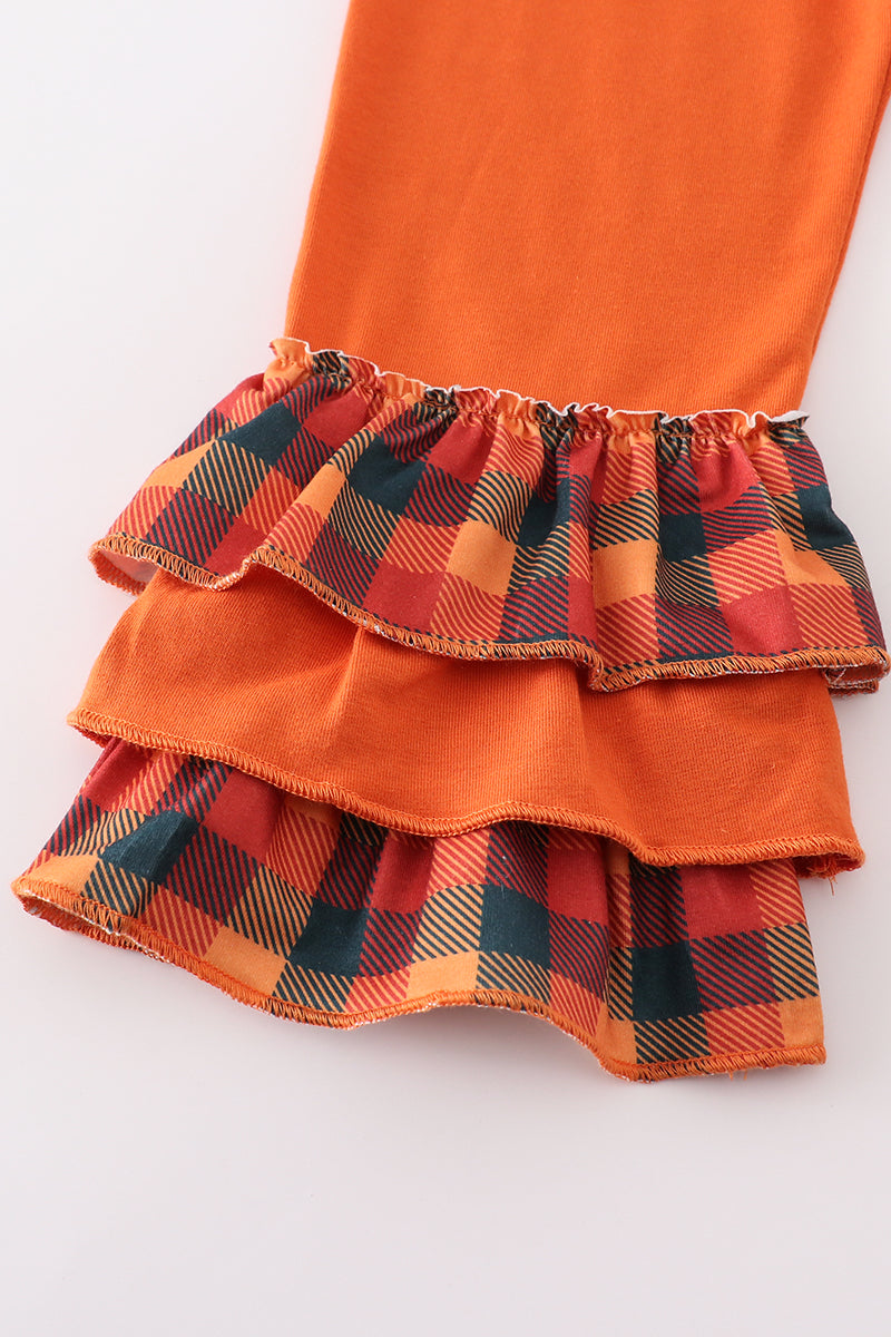 Orange turkey embroidery smocked plaid girl set