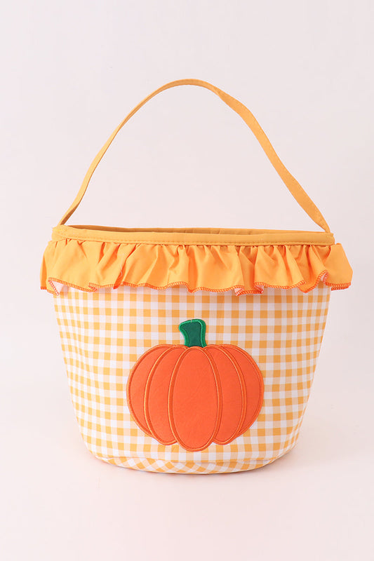 Pumpkin applique checkered ruffle candy bucket