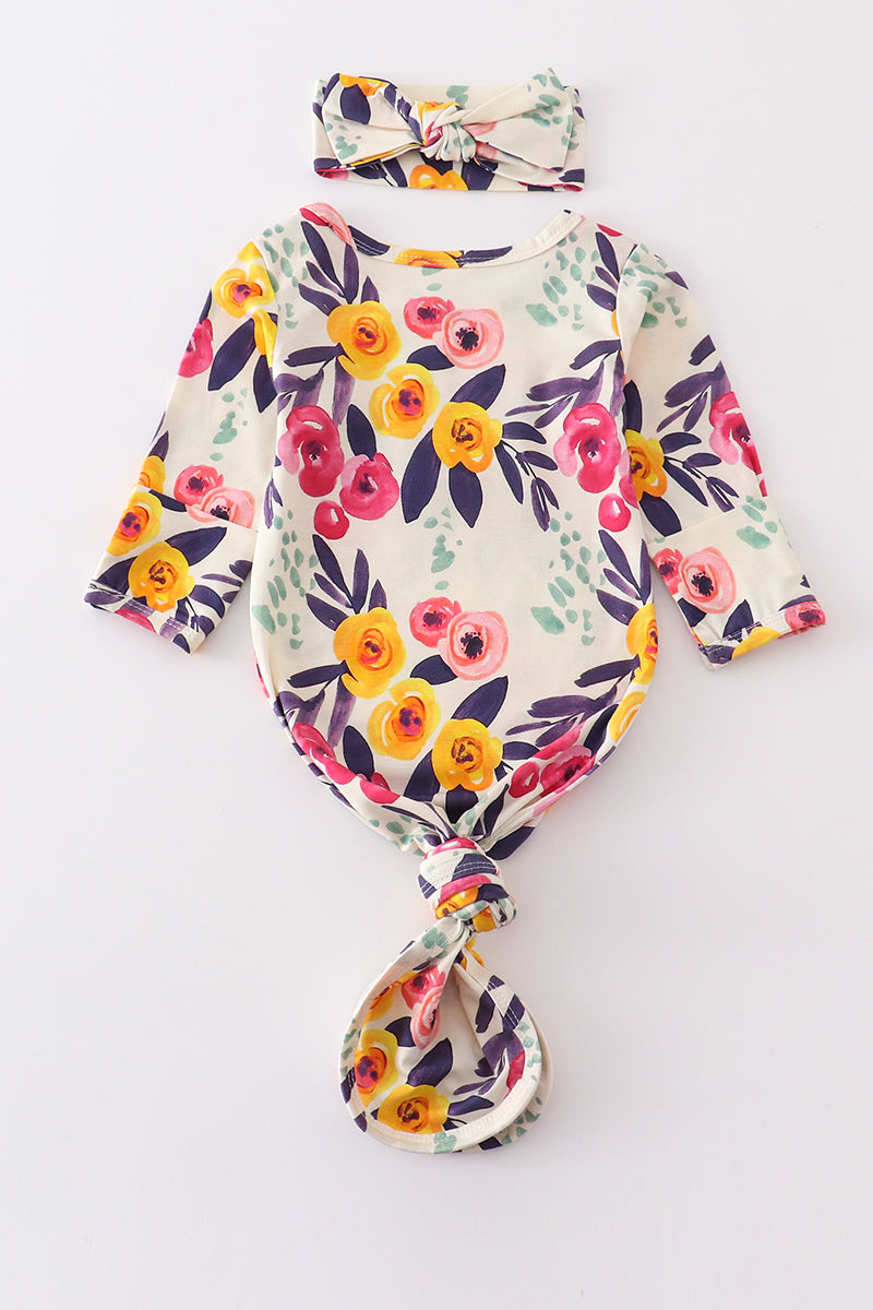 Floral print hairband baby gown