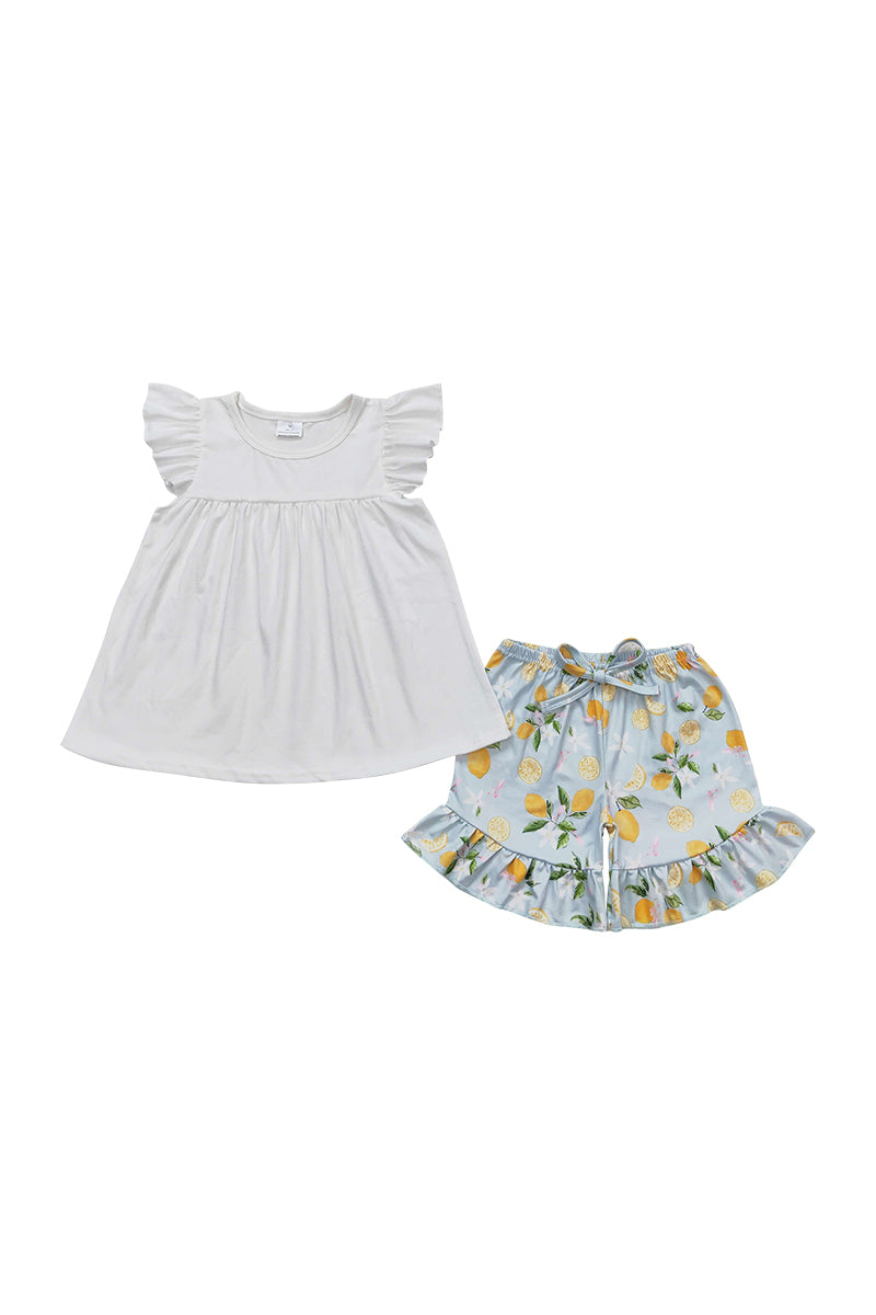 White lemon print girl ruffle shorts set