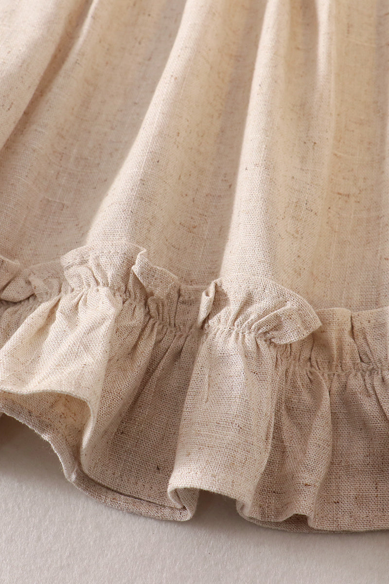 Beige ruffle button linen dress